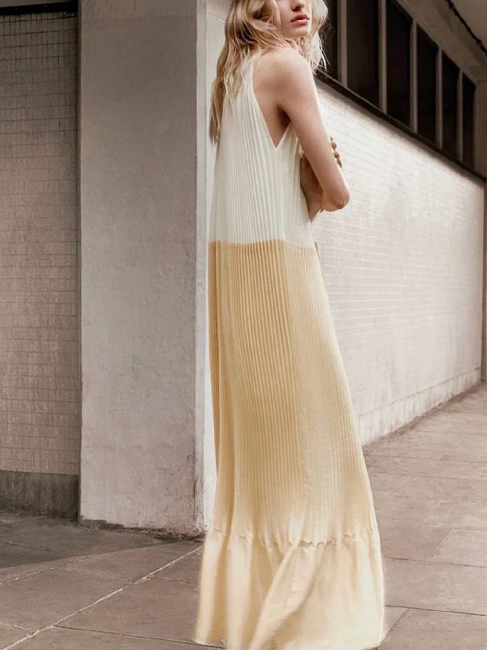 COS Two-Tone Cream and Pale Yellow Pleated Maxi Dress